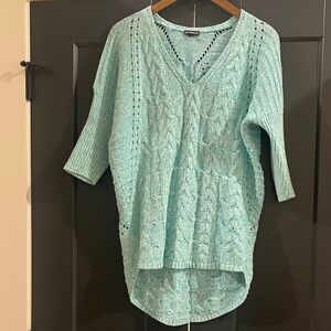 Express Turquoise and White Cable-Knit Sweater